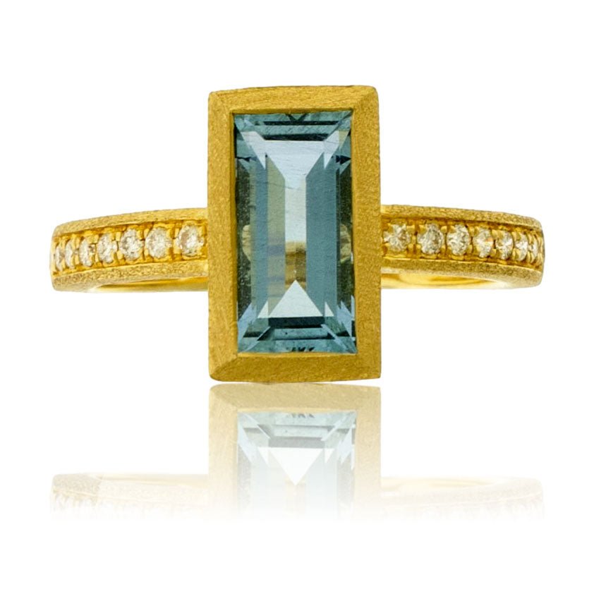 Baguette - Cut Aquamarine in Yellow Gold with Diamond Accented Band - Park City Jewelers