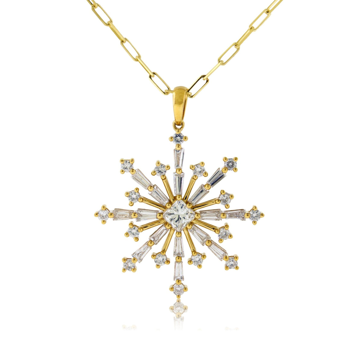 Baguette, Round, and Princess Cut Burst Style Snowflake Pendant - Park City Jewelers