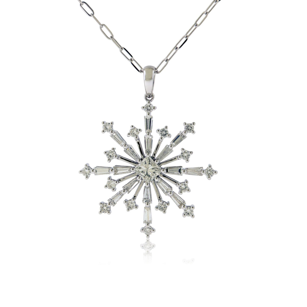Baguette, Round, and Princess Cut Burst Style Snowflake Pendant - Park City Jewelers