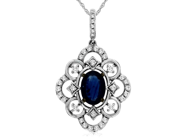 Blue Sapphire and Filigree Style Diamond Pendant - Park City Jewelers
