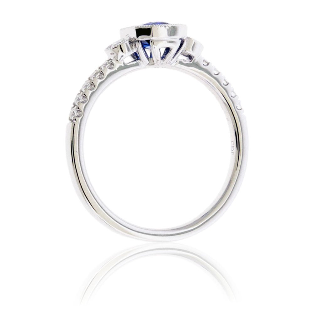 Blue Sapphire and Milgrain Halo & Diamond Accented Ring - Park City Jewelers