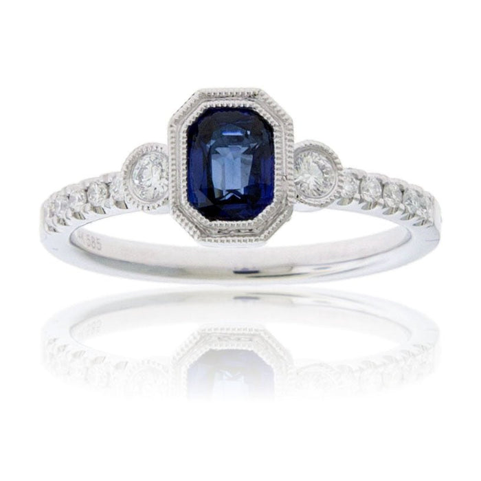 Blue Sapphire and Milgrain Halo & Diamond Accented Ring - Park City Jewelers