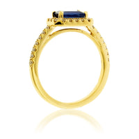 Blue Sapphire East West and Diamond Halo Ring - Park City Jewelers