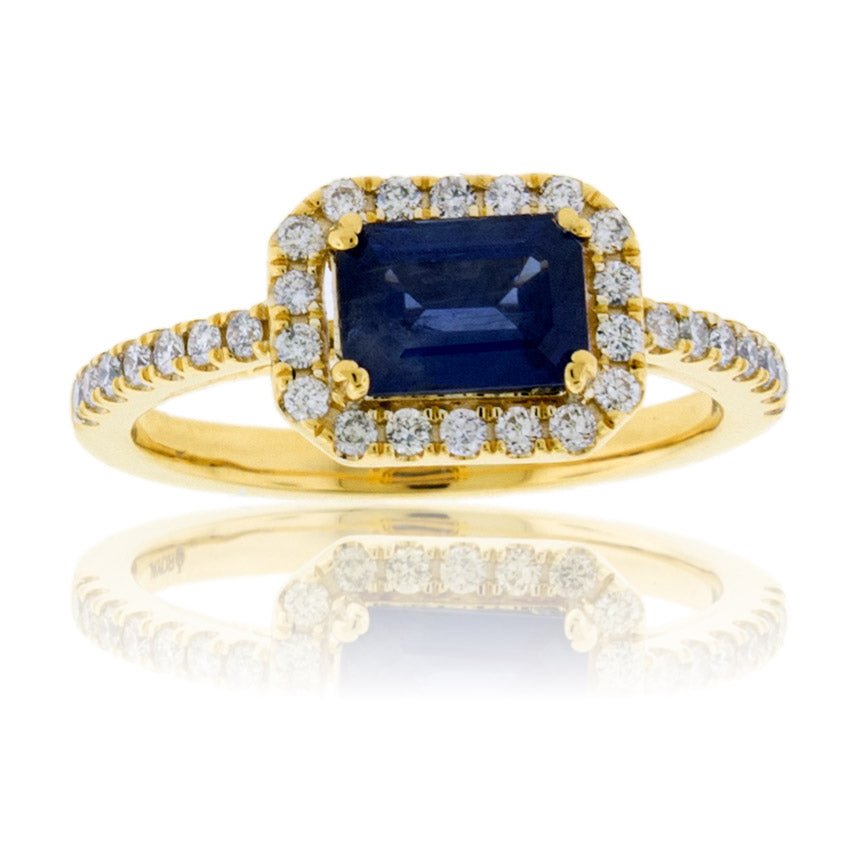 Blue Sapphire East West and Diamond Halo Ring - Park City Jewelers