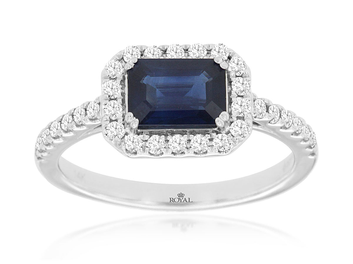 Blue Sapphire East West and Diamond Halo Ring - Park City Jewelers