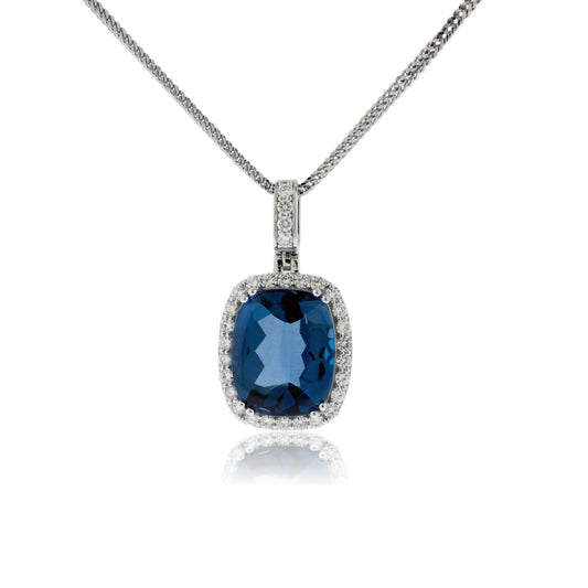 Blue Topaz & Diamond Halo Pendant with Chain - Park City Jewelers