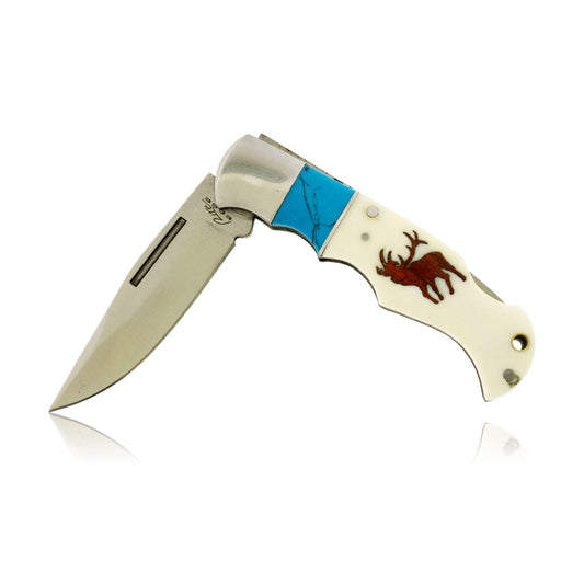 Bone, Wood & Synthetic Turquoise Double Inlay Folding Knife - Park City Jewelers