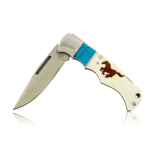 Bone, Wood & Synthetic Turquoise Double Inlay Folding Knife - Park City Jewelers