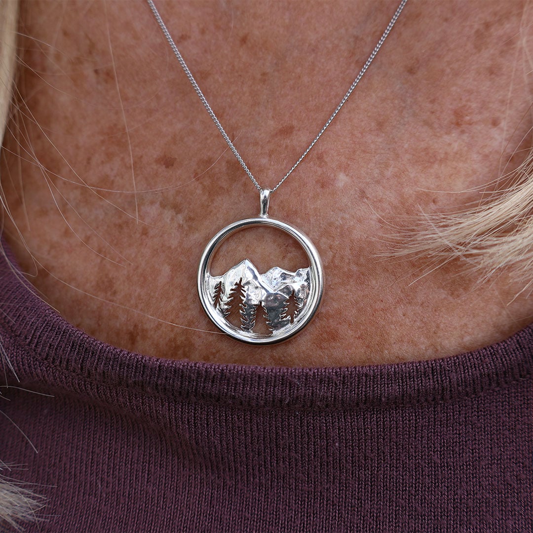 Circle Mountain Scene with Tree Cutout Pendant - Park City Jewelers