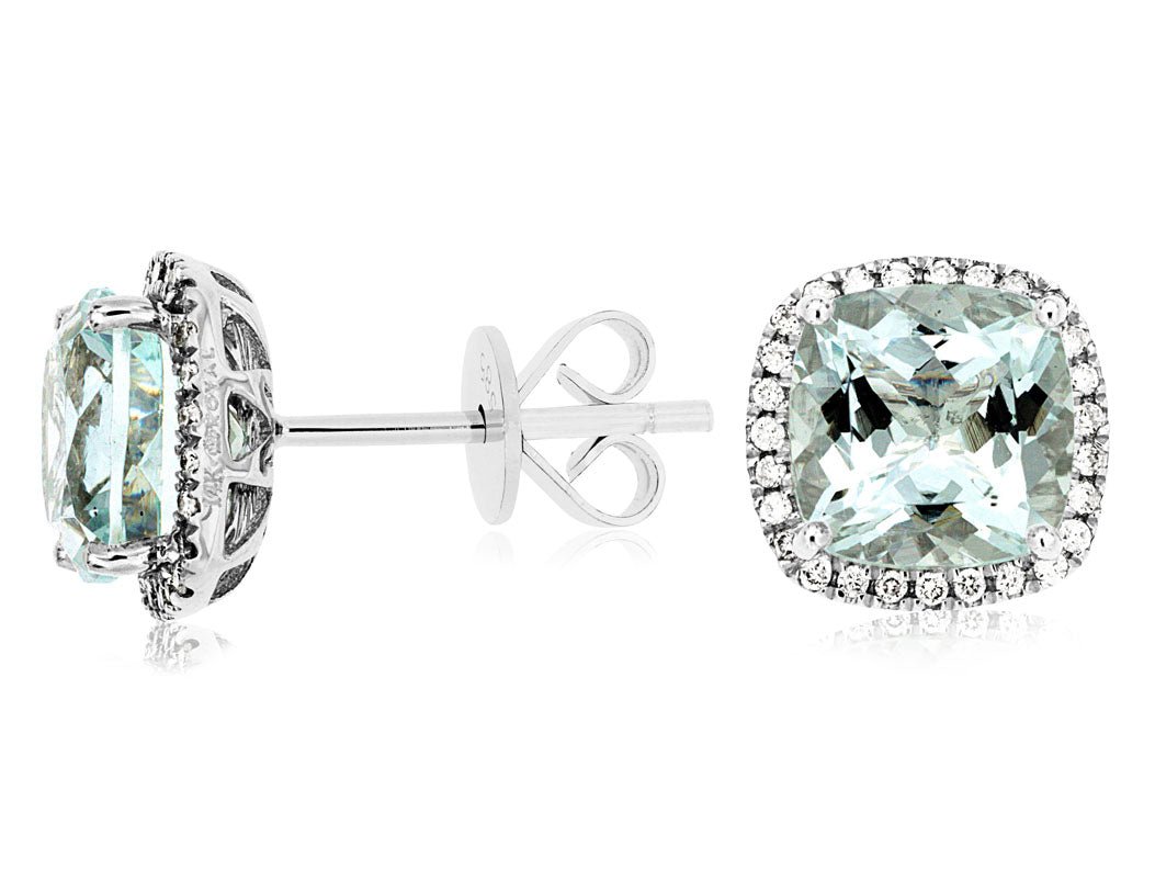 Cushion - Cut Aquamarine and Diamond Halo Stud Earrings - Park City Jewelers