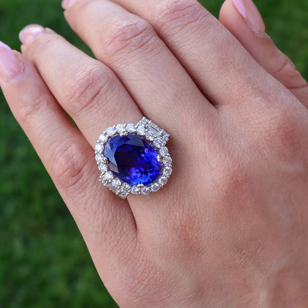 Cushion - Cut Tanzanite and Diamond Halo Three Stone Ring - Park City Jewelers