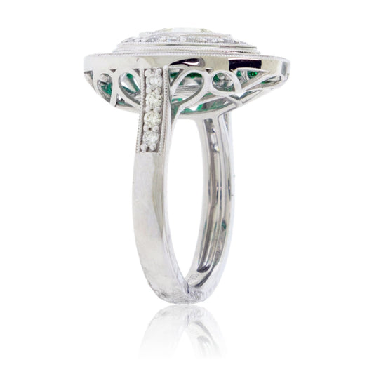Diamond Art Deco Inspired Emerald Double Halo Ring - Park City Jewelers