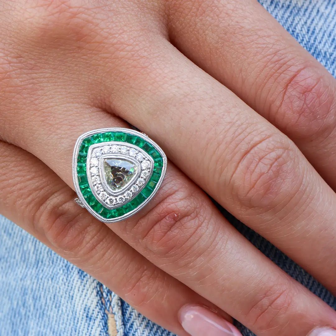 Diamond Art Deco Inspired Emerald Double Halo Ring - Park City Jewelers
