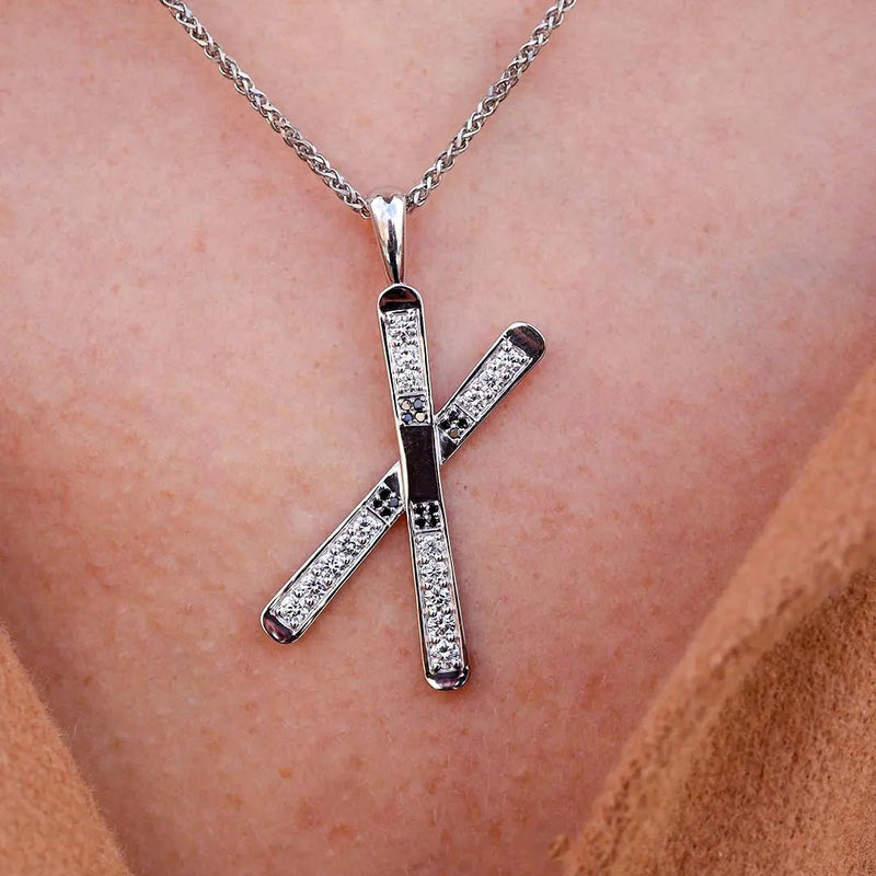 Diamond & Black Diamond Large Size Crossed Ski Pendant - Park City Jewelers