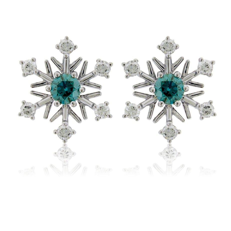 Diamond Snowflake with Blue Diamond Center Stud Earrings - Park City Jewelers