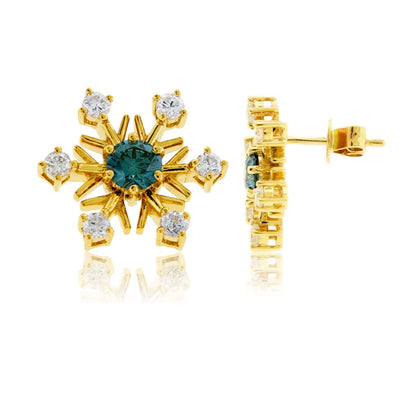 Diamond Snowflake with Blue Diamond Center Stud Earrings - Park City Jewelers