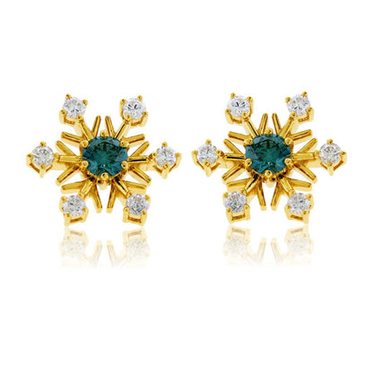 Diamond Snowflake with Blue Diamond Center Stud Earrings - Park City Jewelers