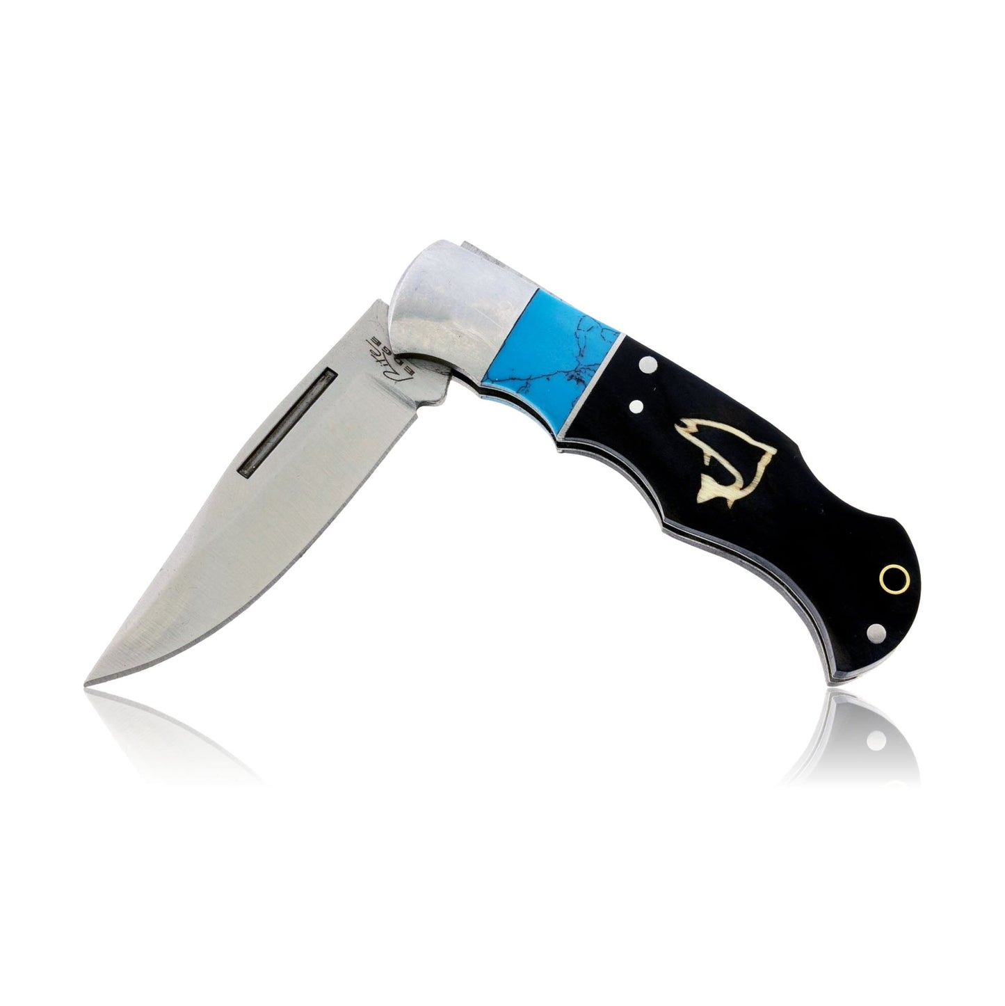 Ebony Wood & Synthetic Turquoise Double Inlay Folding Knife - Park City Jewelers