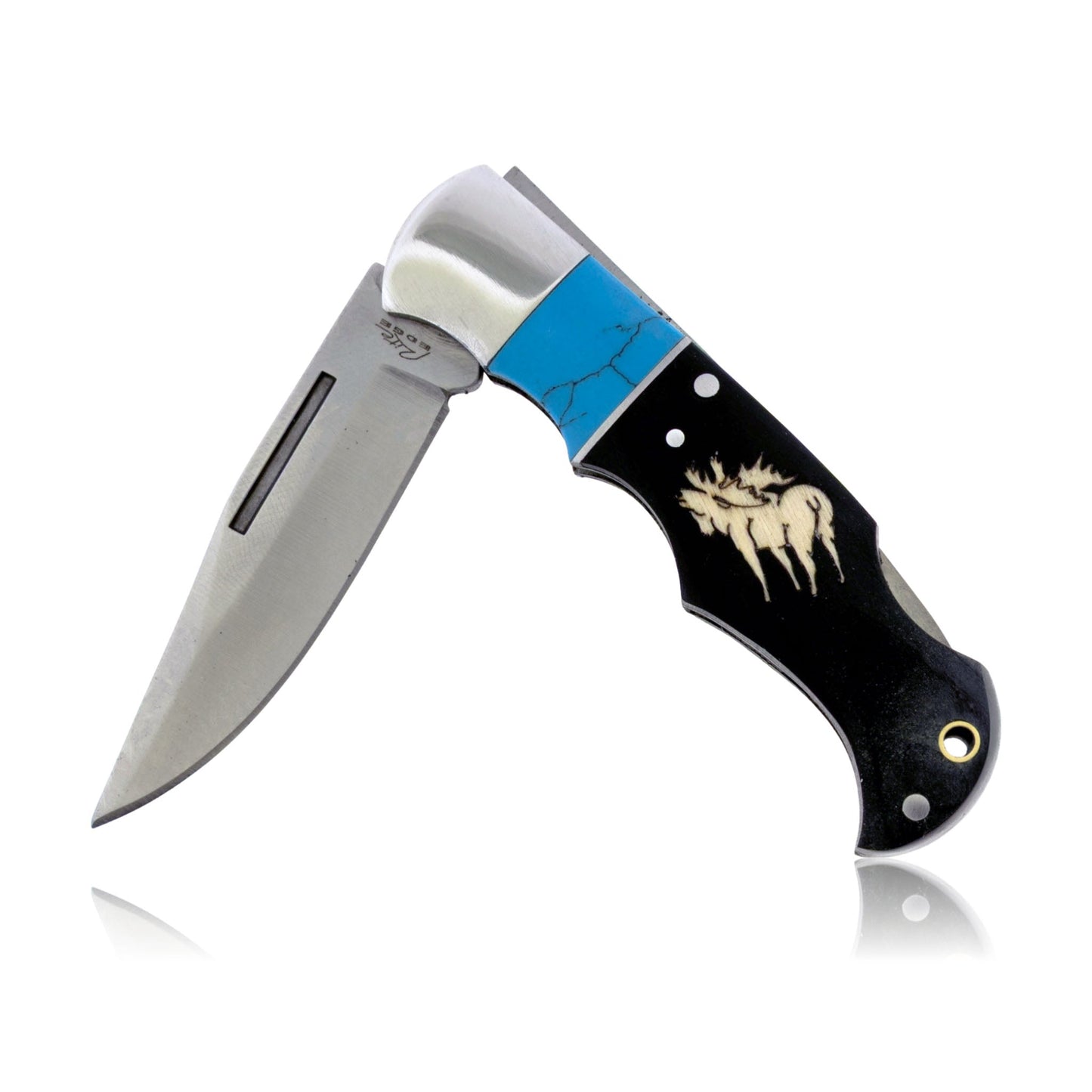 Ebony Wood & Synthetic Turquoise Double Inlay Folding Knife - Park City Jewelers