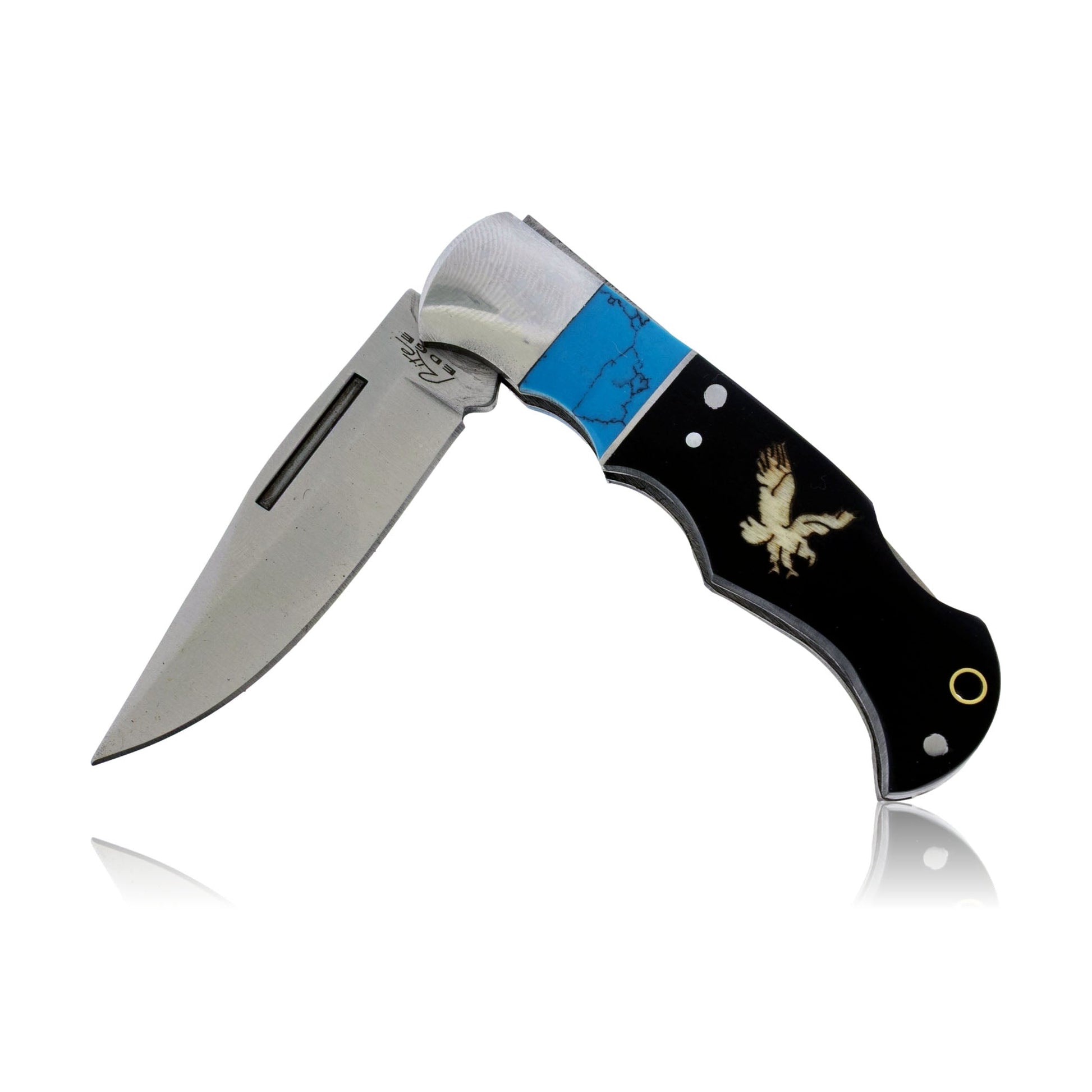 Ebony Wood & Synthetic Turquoise Double Inlay Folding Knife - Park City Jewelers