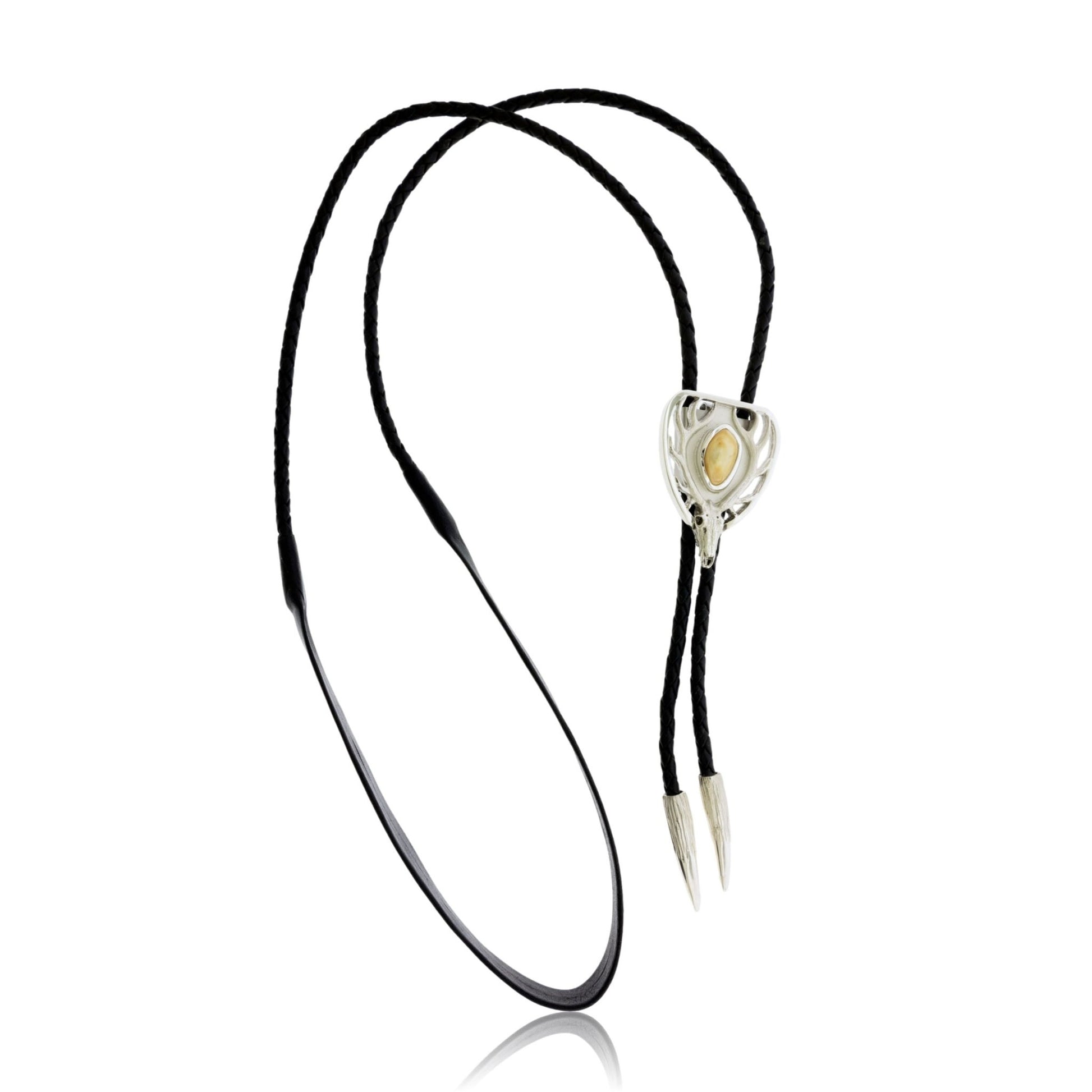 Full view of the abstract Elk Head and Ivory Bolo Tie, showing the sterling silver slide on a black braided leather cord with a neck strap and textured silver tips.
