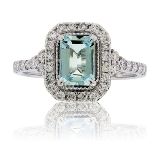 Emerald - Cut Aquamarine with Diamond Halo Ring - Park City Jewelers