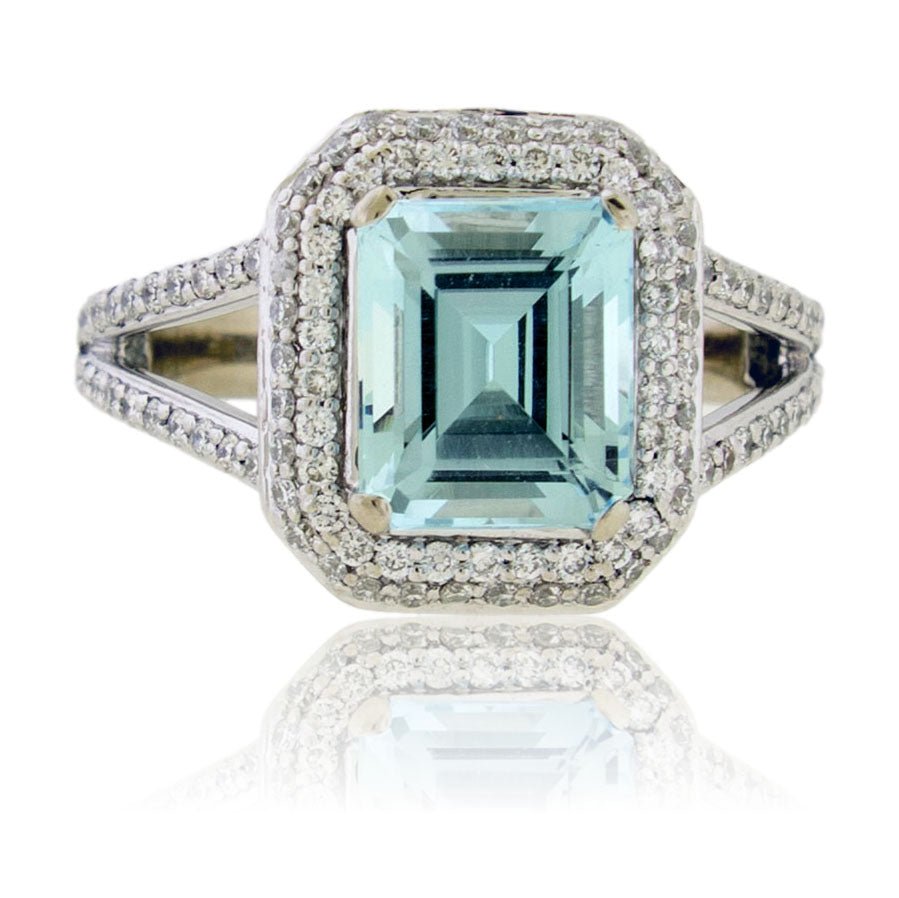 Emerald - Cut Aquamarine with Diamond Halo Ring - Park City Jewelers