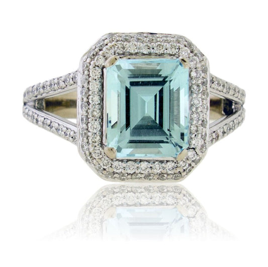 Emerald - Cut Aquamarine with Diamond Halo Ring - Park City Jewelers