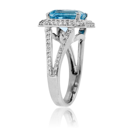 Emerald - Cut Aquamarine with Diamond Halo Ring - Park City Jewelers