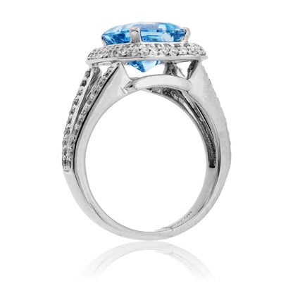 Emerald - Cut Aquamarine with Diamond Halo Ring - Park City Jewelers