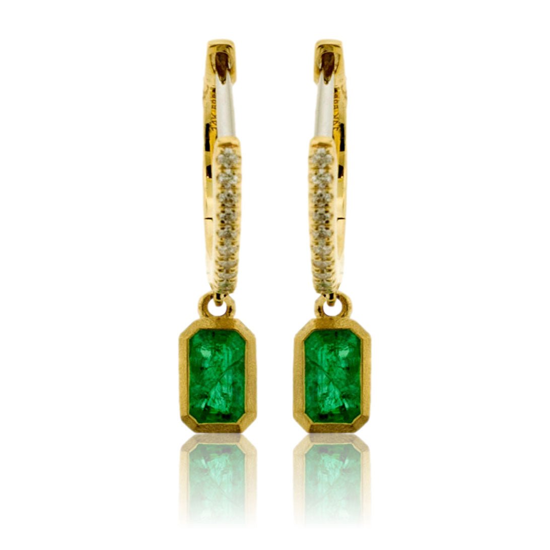 Emerald Cut Dangle Emerald & Diamond Bezel Earrings - Park City Jewelers