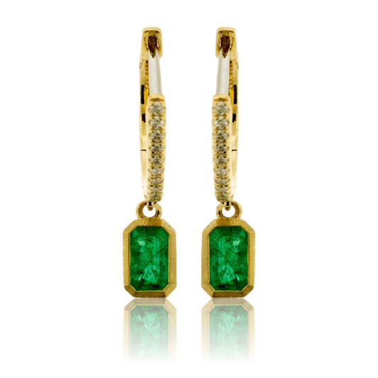 Emerald Cut Dangle Emerald & Diamond Bezel Earrings - Park City Jewelers