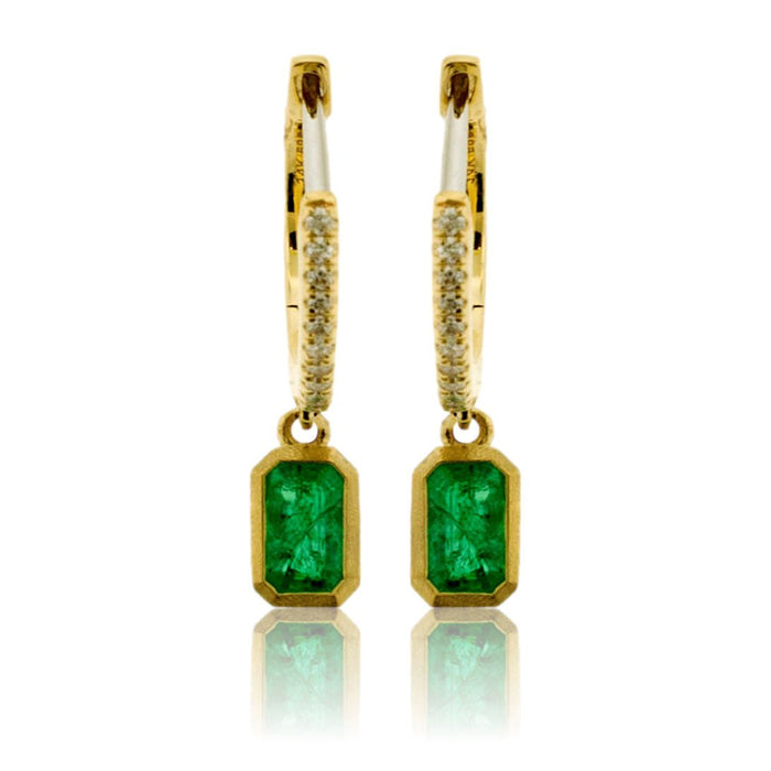 Emerald Cut Dangle Emerald & Diamond Bezel Earrings - Park City Jewelers