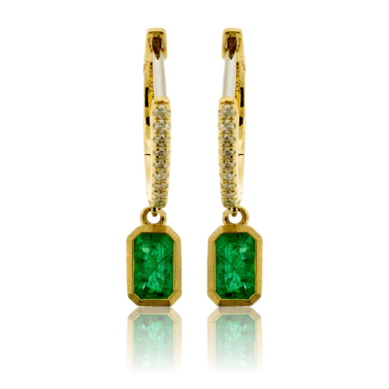 Emerald Cut Dangle Emerald & Diamond Bezel Earrings - Park City Jewelers