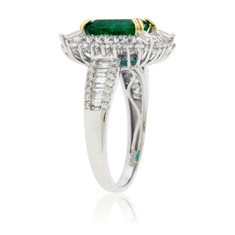 Emerald - Cut Emerald Diamond Burst Halo Ring - Park City Jewelers
