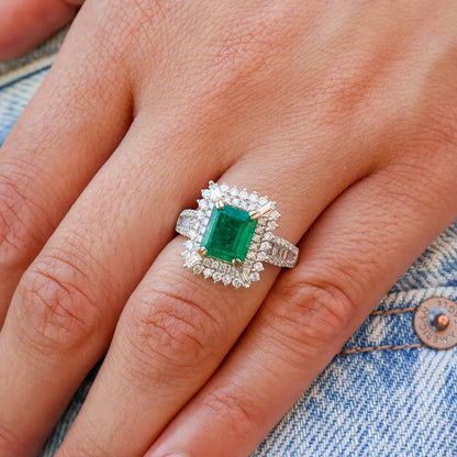 Emerald - Cut Emerald Diamond Burst Halo Ring - Park City Jewelers