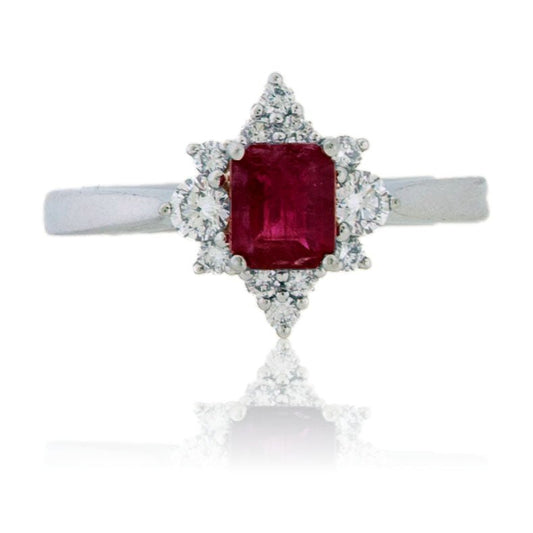 Emerald - Cut Red Emerald and Diamond Burst Halo Ring - Park City Jewelers