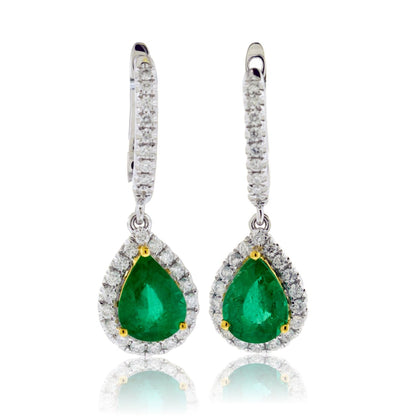 Emerald & Diamond Halo Dangle Style Earrings - Park City Jewelers