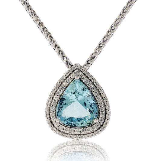 Fancy Cut Aquamarine & Diamond Double Halo Pendant w/Chain - Park City Jewelers