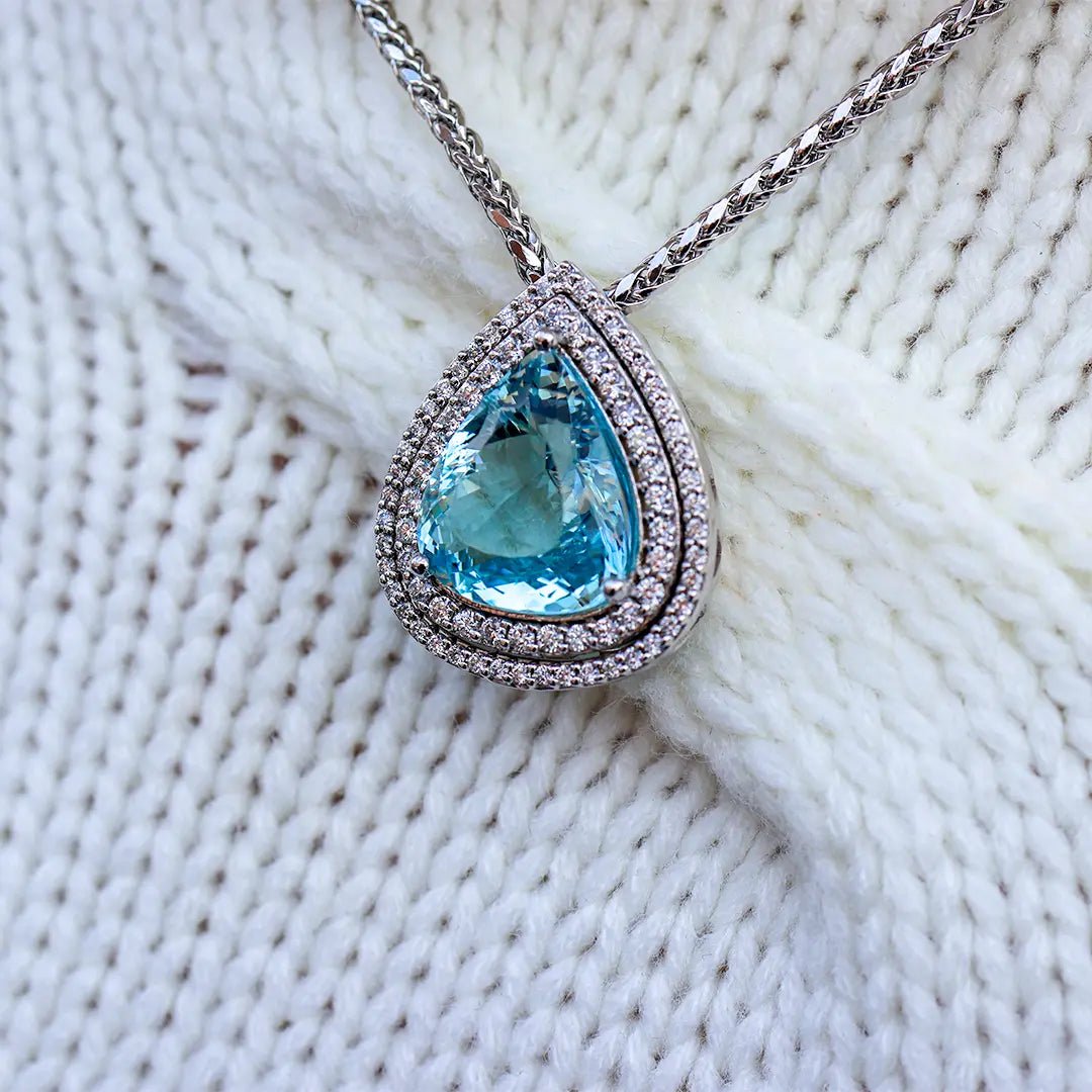 Fancy Cut Aquamarine & Diamond Double Halo Pendant w/Chain - Park City Jewelers