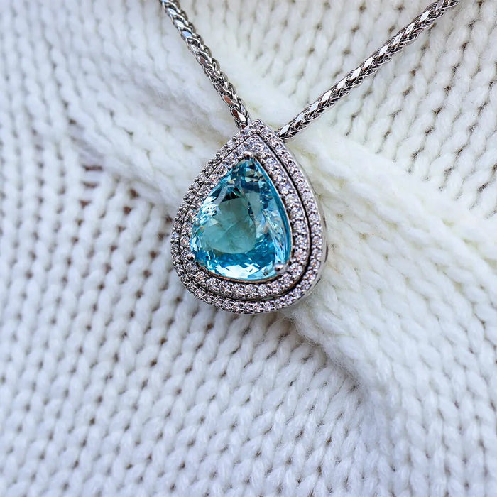 Fancy Cut Aquamarine & Diamond Double Halo Pendant w/Chain - Park City Jewelers