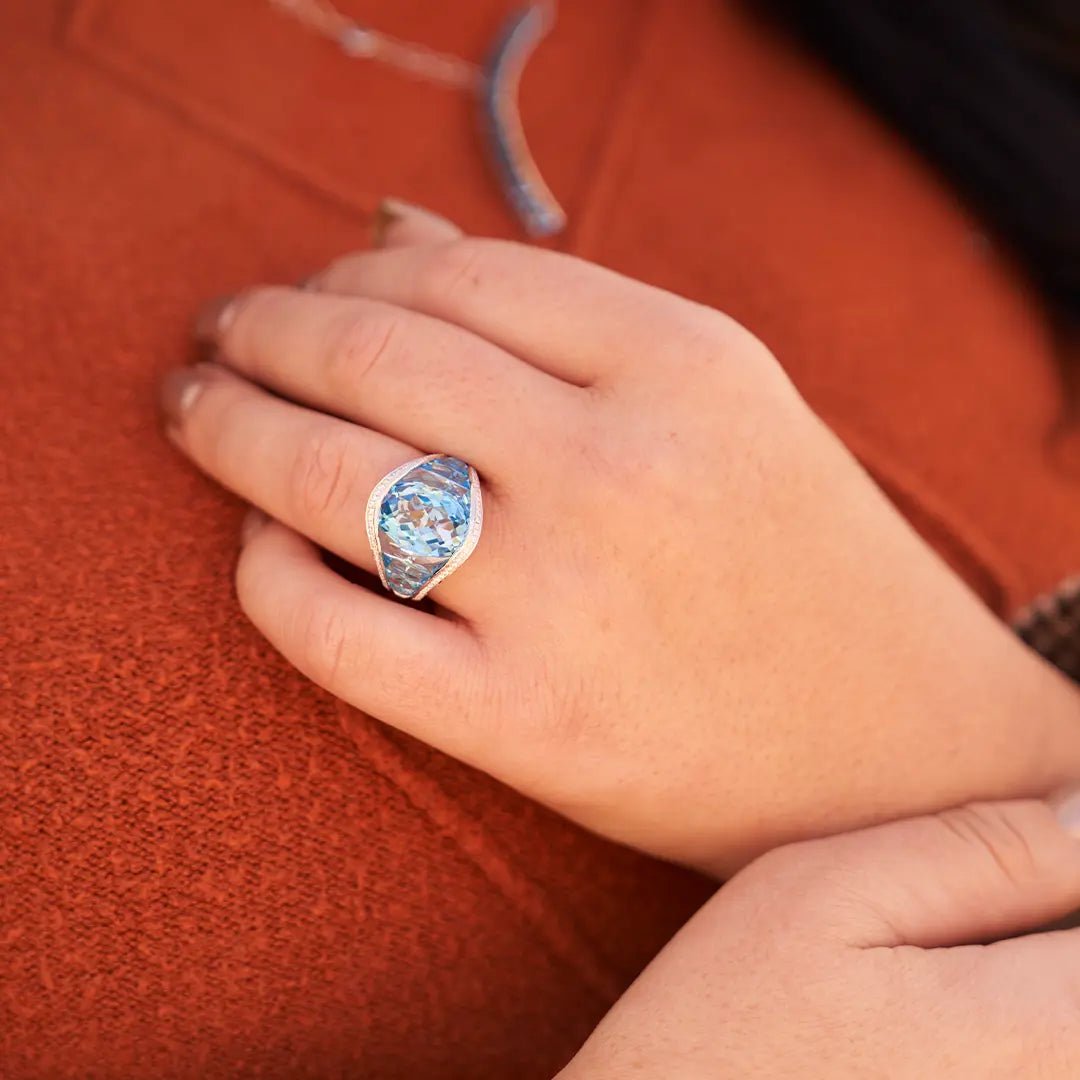 Fancy Cut Oval Blue Topaz with Blue Topaz Accents & Diamond Ring - Park City Jewelers