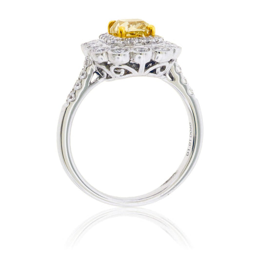 Fancy Natural Yellow Diamond & Diamond Burst Halo Ring - Park City Jewelers