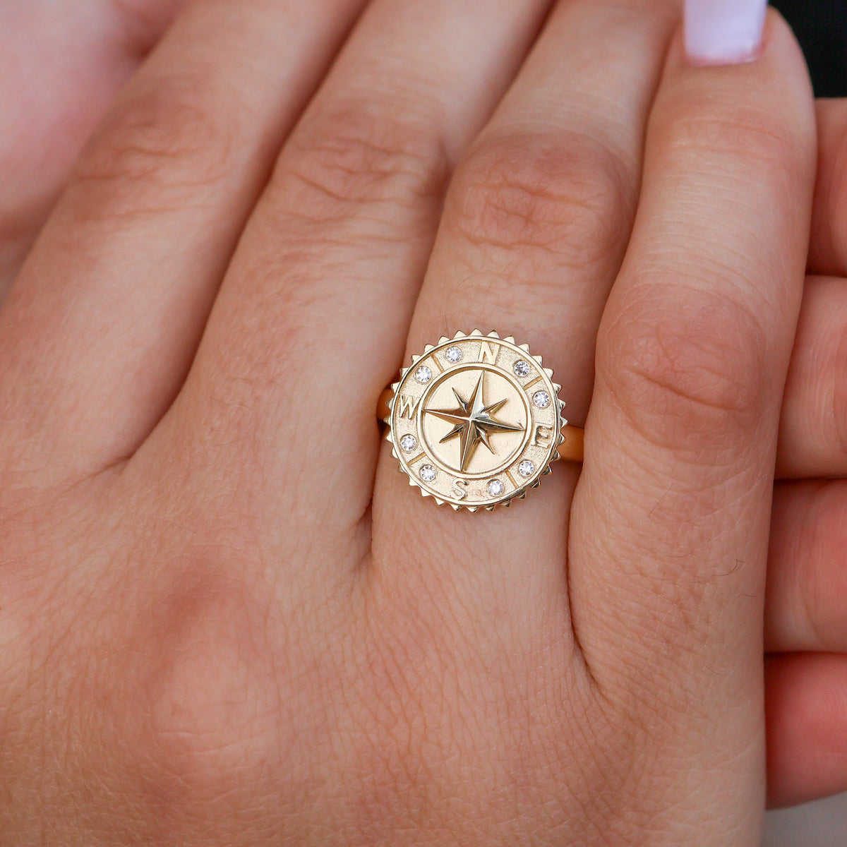 Gold Satin Finish Diamond Compass Medallion Ring - Park City Jewelers