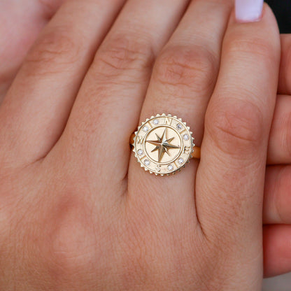 Gold Satin Finish Diamond Compass Medallion Ring - Park City Jewelers