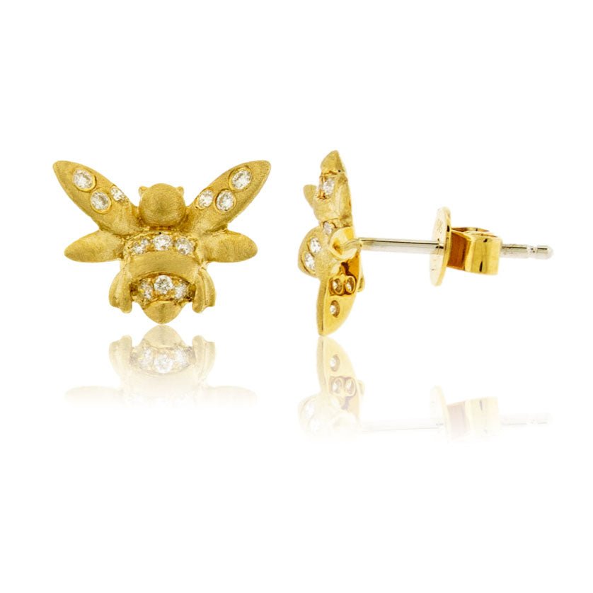 Gold Satin Finish Flush Set Diamond Bee Stud Earrings - Park City Jewelers