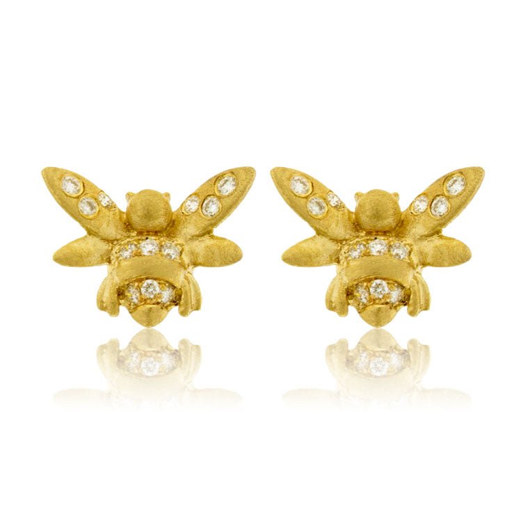 Gold Satin Finish Flush Set Diamond Bee Stud Earrings - Park City Jewelers