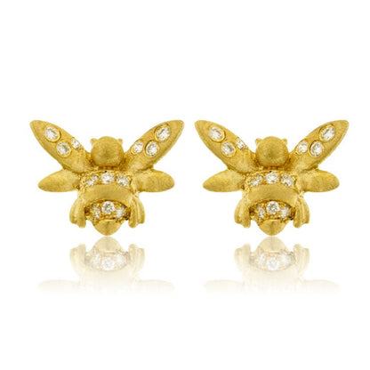 Gold Satin Finish Flush Set Diamond Bee Stud Earrings - Park City Jewelers