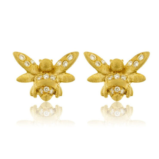 Gold Satin Finish Flush Set Diamond Bee Stud Earrings - Park City Jewelers