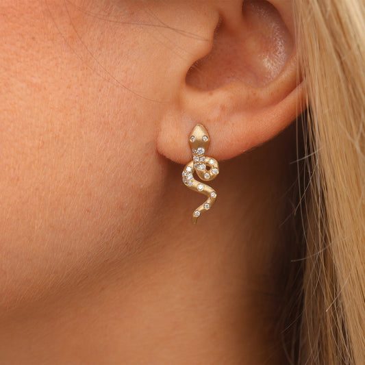 Gold Satin Finish Flush Set Diamond Snake Earrings - Park City Jewelers